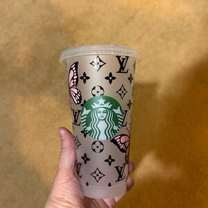 Starbucks Cup with Pink Butterfly and Black Pattern
